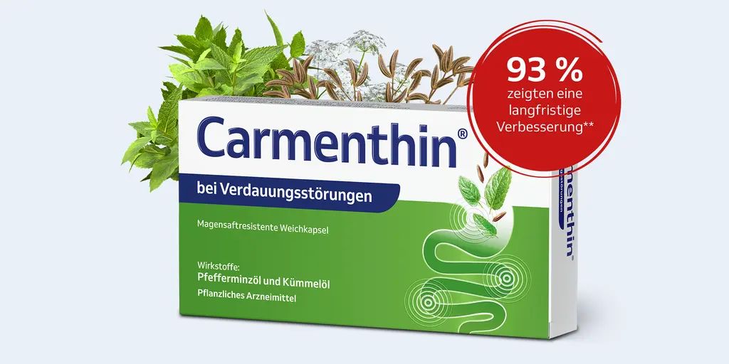 Packungsabbildung Carmenthin bei Verdauungsstörungen mit Pfefferminze und Kümmel und einem Empfehlungs-Button