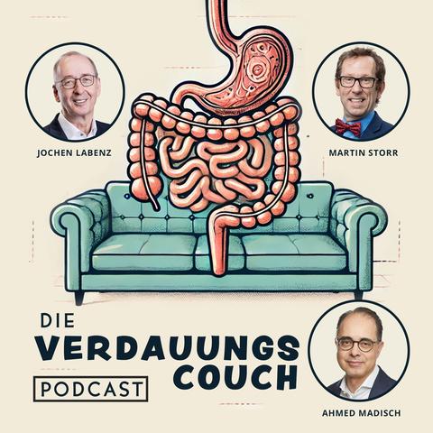Titelbild des Podcasts „Die Verdauungs Couch“ mit gezeichneter Couch und aufliegendem Verdauungstrakt. Die Gesichter der Podcast-Hosts Jochen Labenz, Martin Storr und Ahmed Madisch sind als Porträts dargestellt.