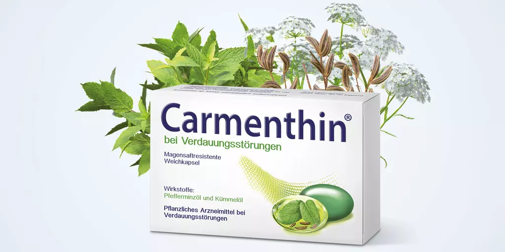 Carmenthin Packung mit Pfefferminze- und Kümmelpflanzen