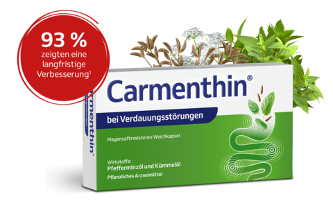 Carmenthin Packung mit Pfefferminze- und Kümmelpflanzen und dem 93% Button